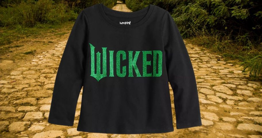 Toddler Girl Jumping Beans Wicked Logo Long Sleeve Graphic Tee against yellow brick road background