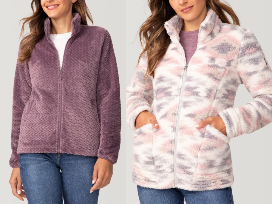 women wearing jackets in purple and pattern fleece jacket