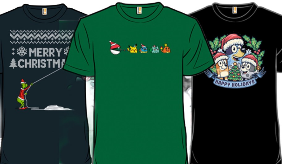 three woot graphic christmas tees