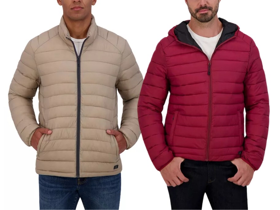 man wearing a lightweight tan color puffer jacket and man wearing a thicker red hooded puffer jacket