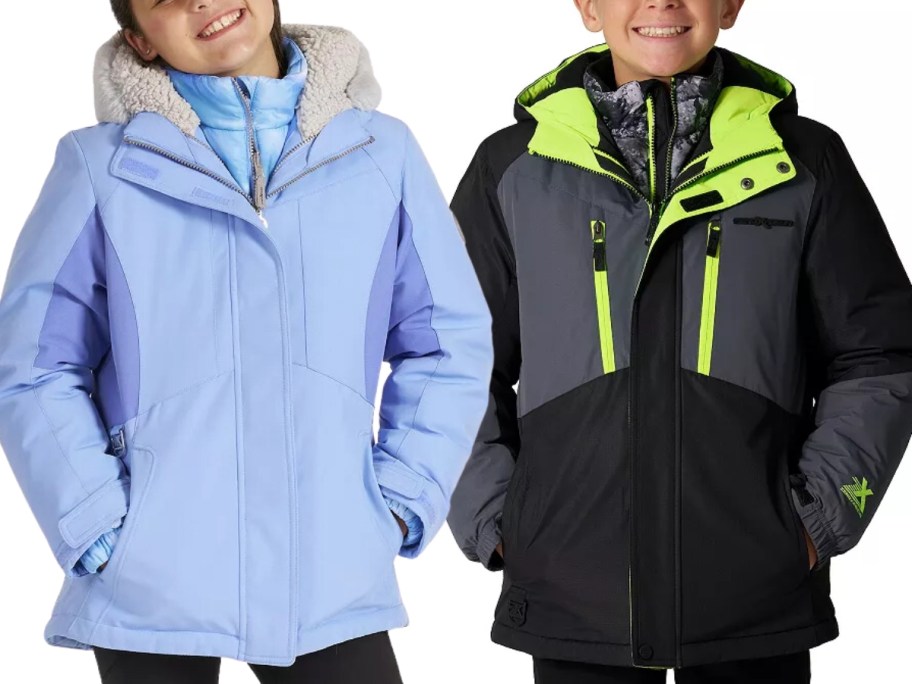 a girl and boy wearing 2-in-1 winter coats, girls is blue and white, boys is black, grey and yellow