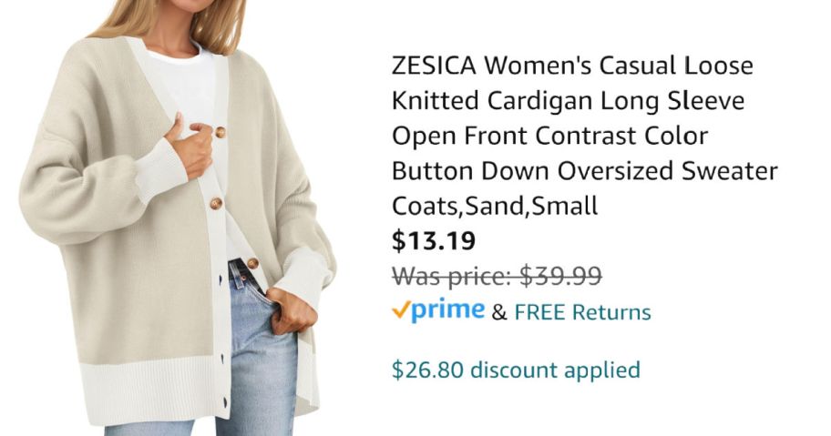 woman wearing tan cardigan next to Amazon pricing information