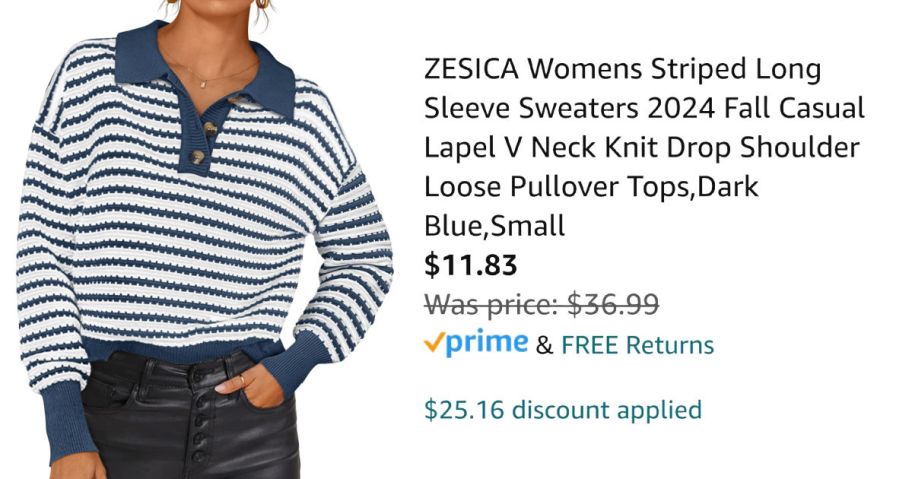 woman wearing striped shirt next to Amazon pricing information