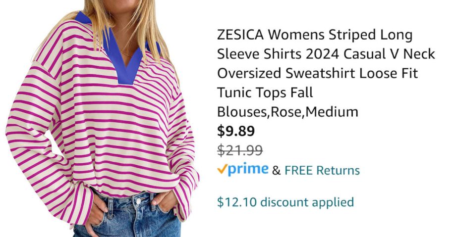 woman wearing striped v-neck sweater next to Amazon pricing information