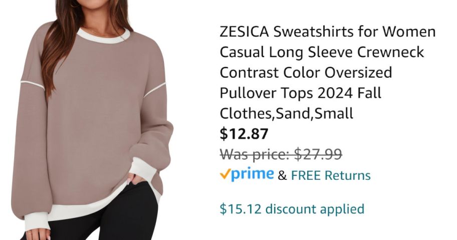 woman wearing taupe sweater next to amazon pricing information