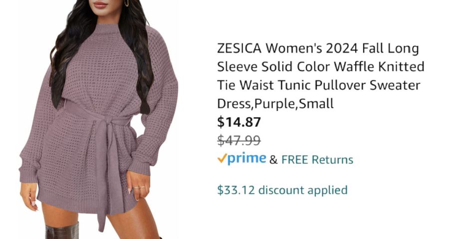 woman wearing purple waffle knit dress next to Amazon pricing information