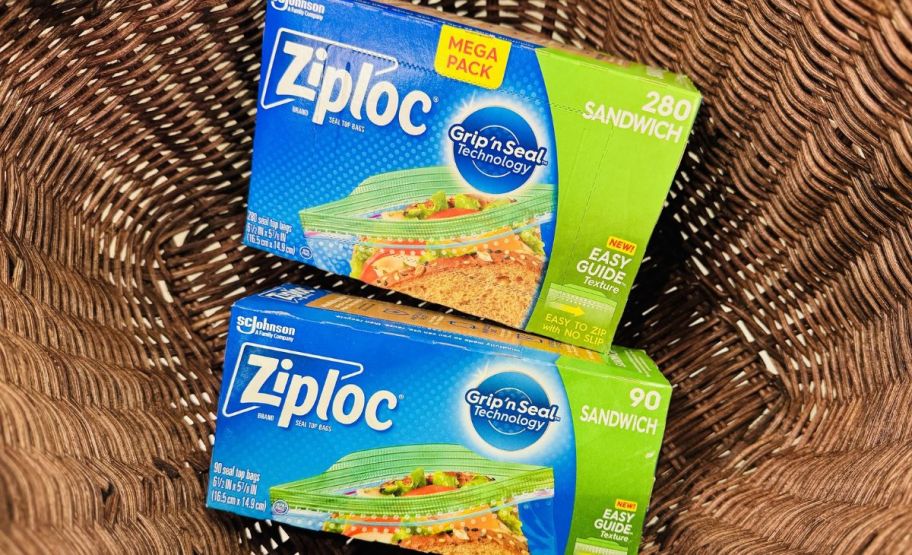 a 280 count and a 90 count ziploc sandwich bag boxes in a wicker basket