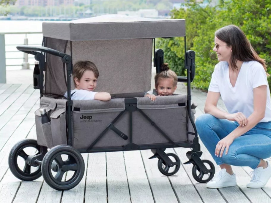 a grey stroller wagon with a canopy with 2 kids inside, a mom is squatting down next to the stroller