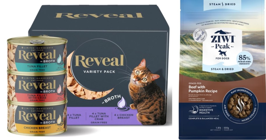 3 cans of Reveal brand Cat food and a box they onlinee in and a bag of Ziwi Peak dog food