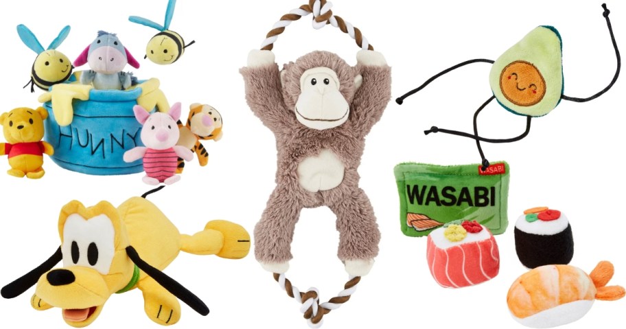 a variety of dog and cat toys, a Winnie the Pooh Honey Pot with mini squeaky plushes, a pluto dog, a rope pull monkey, a cat toy set with sushi, fish and wasabi plushes, and a cat string toy with a plush avacodo