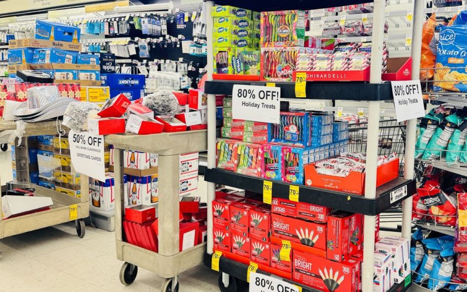 cart with holiday clearance items in a walgreens store