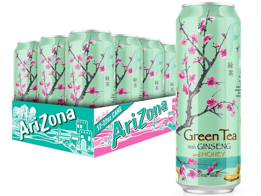 tall can of Arizona Green Tea with case of more cans behind it