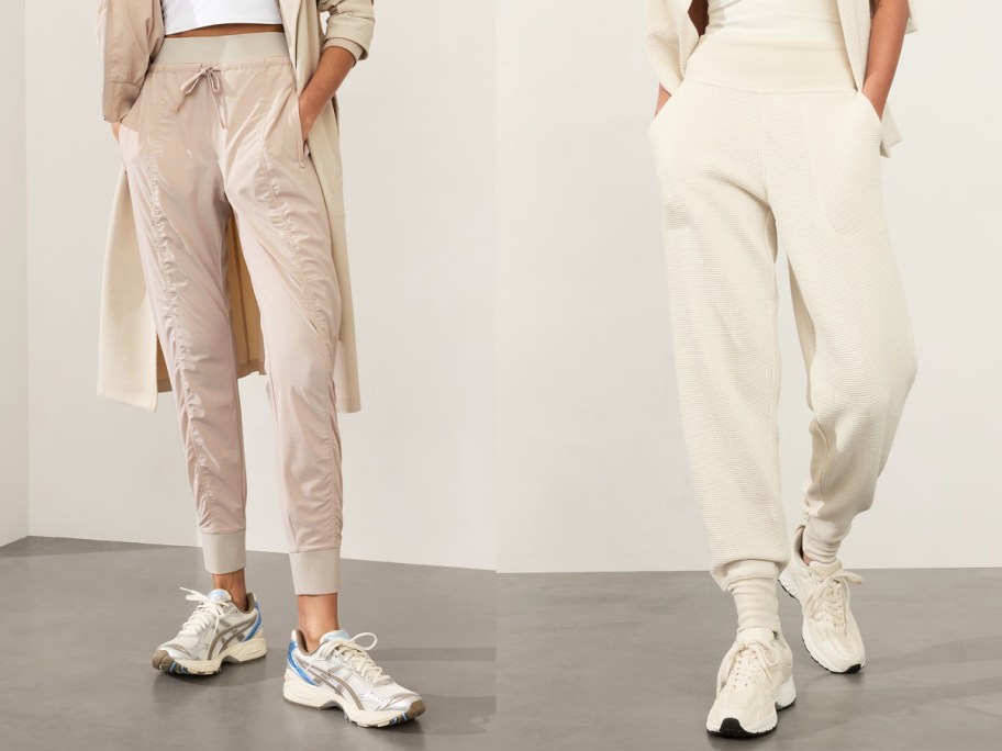 two women modeling cream colored joggers