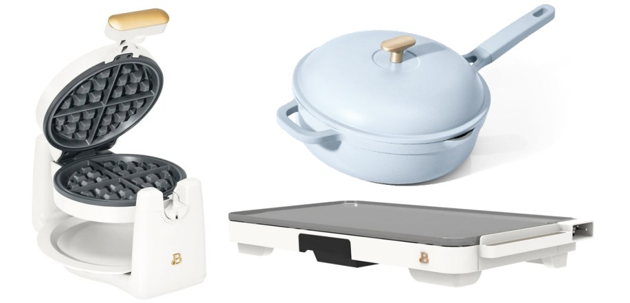 white waffle maker and griddle and blue frying pan