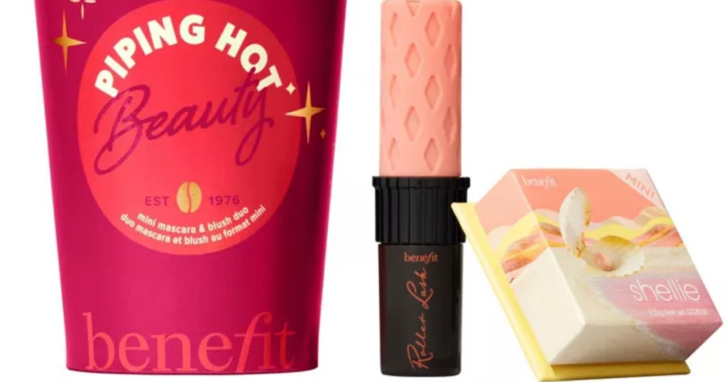 pink Benefit Cosmetics cup with mini mascara and blush