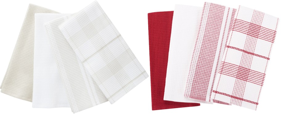 4-pack sets of beige and red dish towels