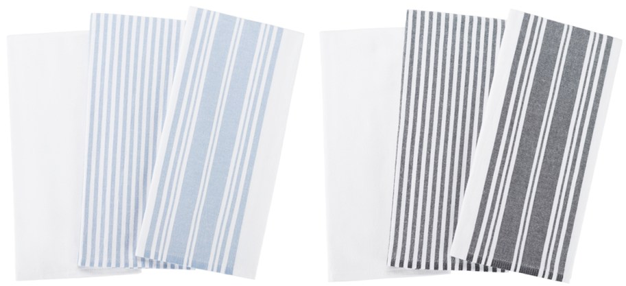 3-pack sets of blue and black striped dish towels