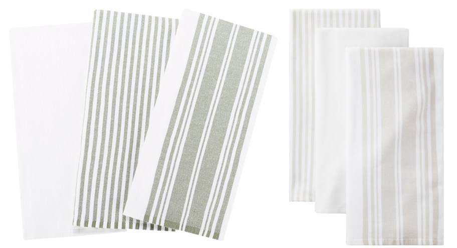 3-pack sets of green and beige striped dish towels