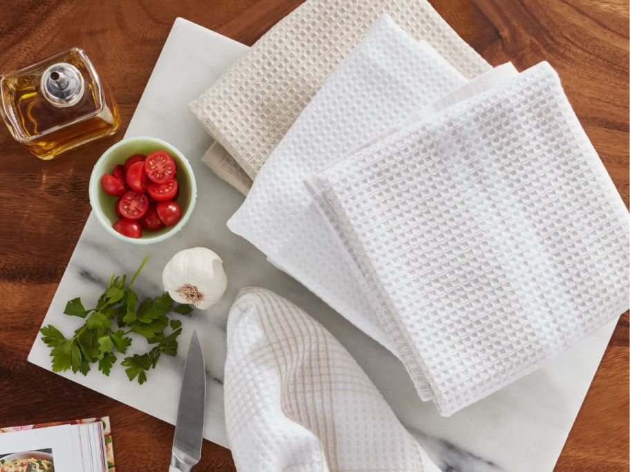 Better Homes & Gardens Waffle-Weave Oversized Kitchen Towel 4-Pack on kitchen counter