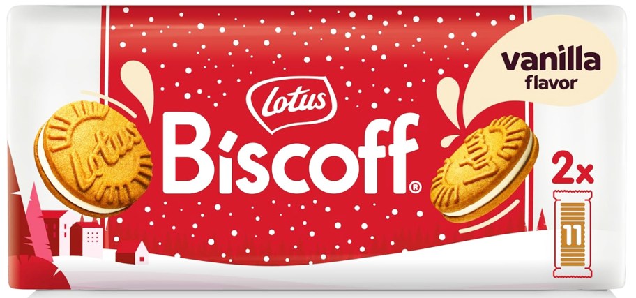 large white and red pack of Biscoff Vanilla Sandwich Cookies