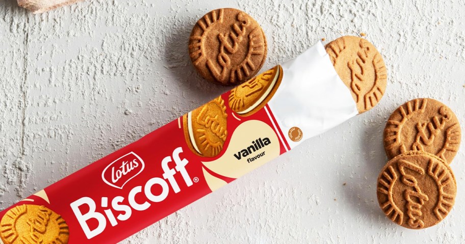 opened package of Biscoff Vanilla Sandwich Cookies with cookies around it