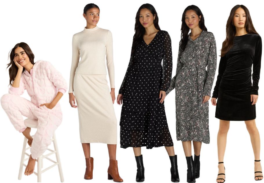 5 women modeling clothing on a white background