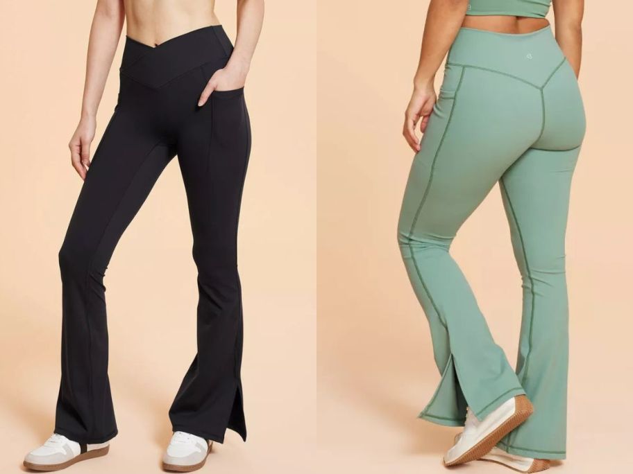 women wearing Blogilates Women's Criss Cross High-Rise Flared Leggings