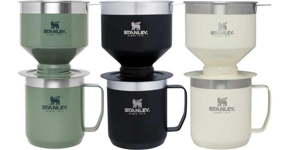 three stanley classic pour over sets in green black and cream