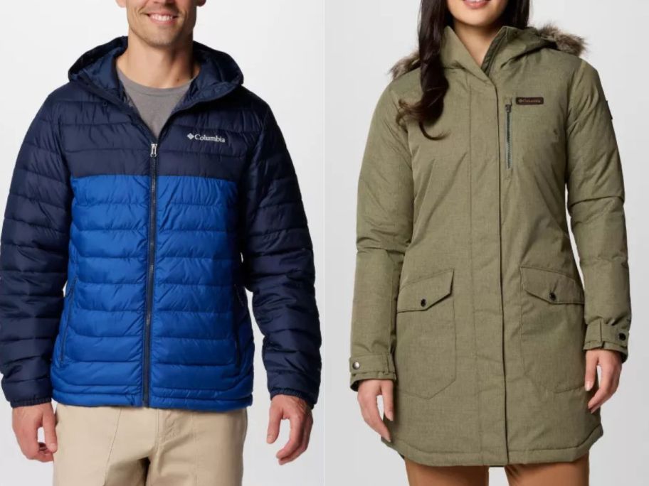 A man and a woman wearing Columbia jackets