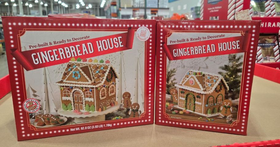 2 boxes of Costco Prebuilt Gingerbread Houses