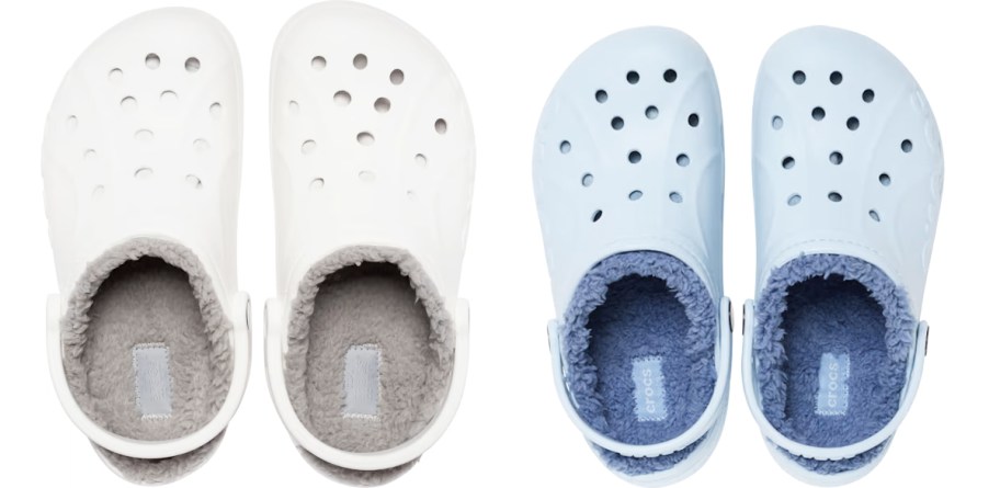 white and light blue pairs of fleece lined crocs