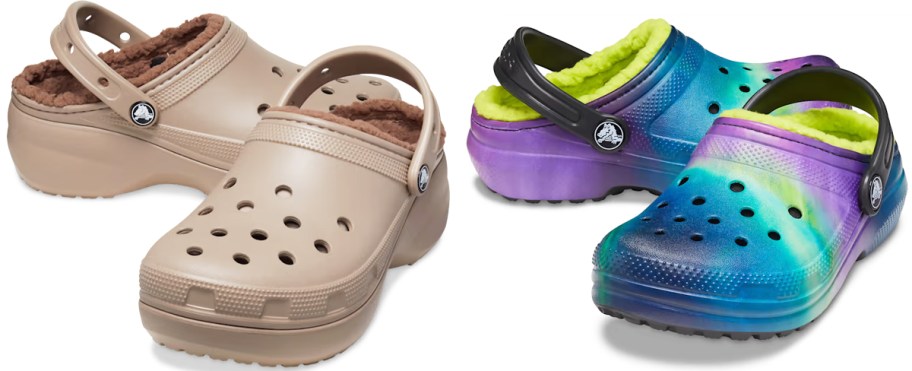 pairs of brown and multi-color fleece lined crocs