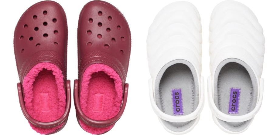 pairs of maroon and white lined crocs