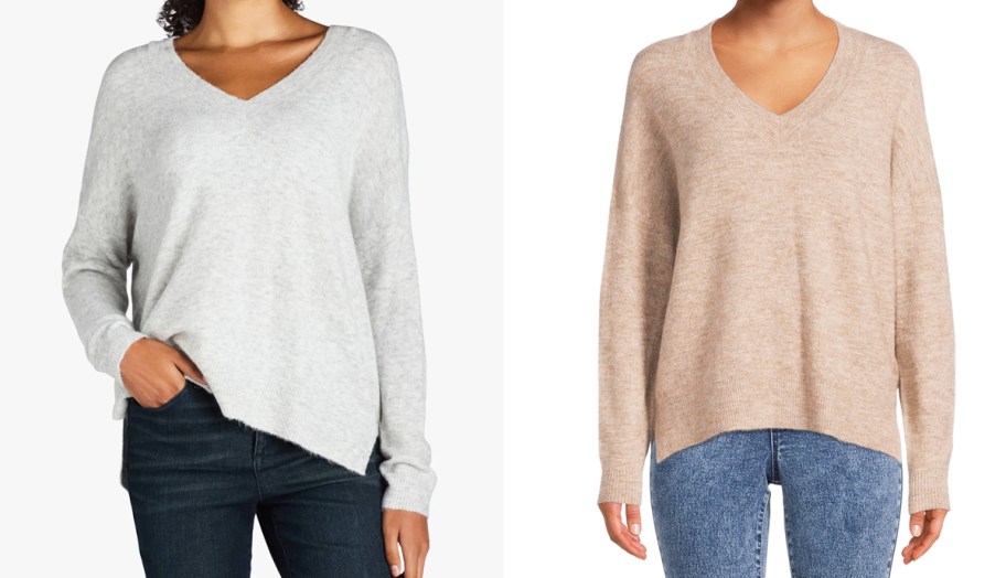 two women in light grey and brown v-neck sweaters