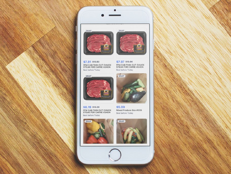 Flashfood app showing SNAP eligible items that can be paid for using an EBT card