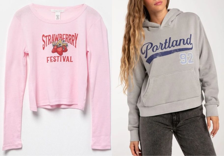 Stock images of a Full Tilt Girl's tee and women's sweatshirt