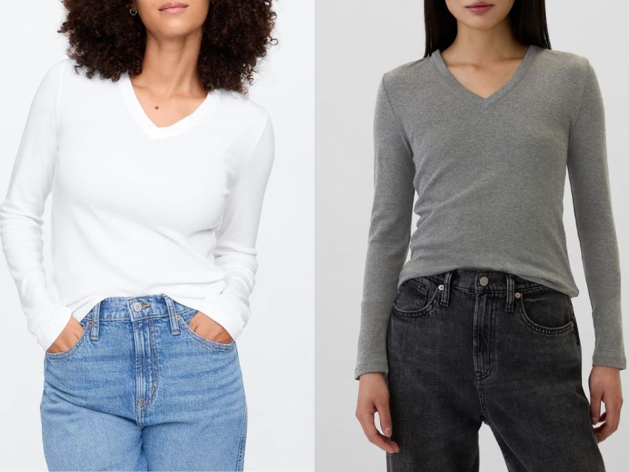 Stock images of two women wearing GAP factory basic long sleve v-neck tees