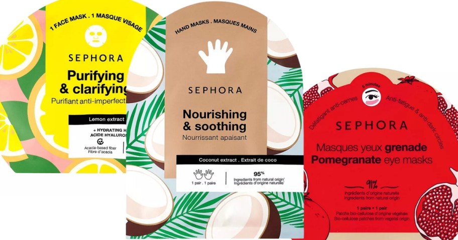 3 Sephora Beauty masks, a face mask, hand mask, and eye mask - all in colorful packaging