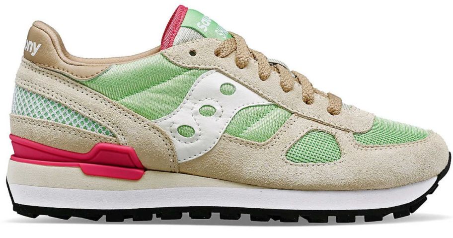 a women's Saucony brand running shoe in tan, lime green, and hot pink with white accents