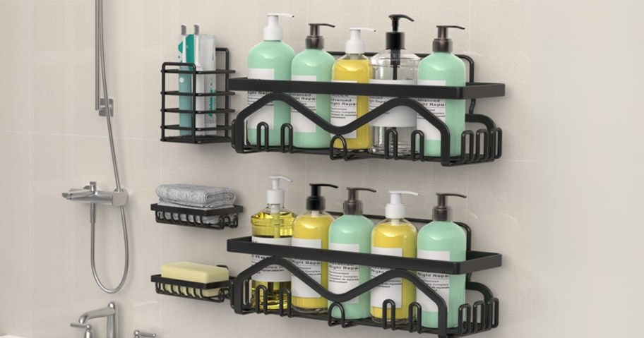 a shower wall with 5 metal shower caddies in different sizes with bath products in them