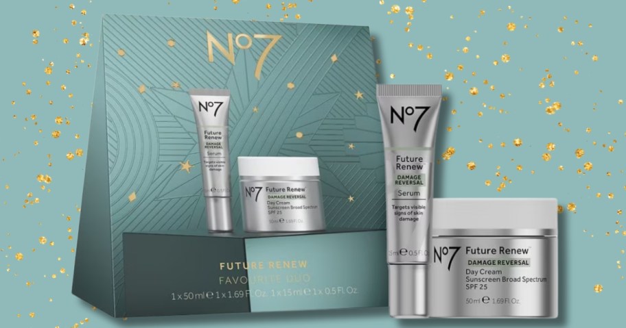 a No7 Skincare set with a serum in a tube and a cream in a container, next to a box they onlinee in on a green and gold background