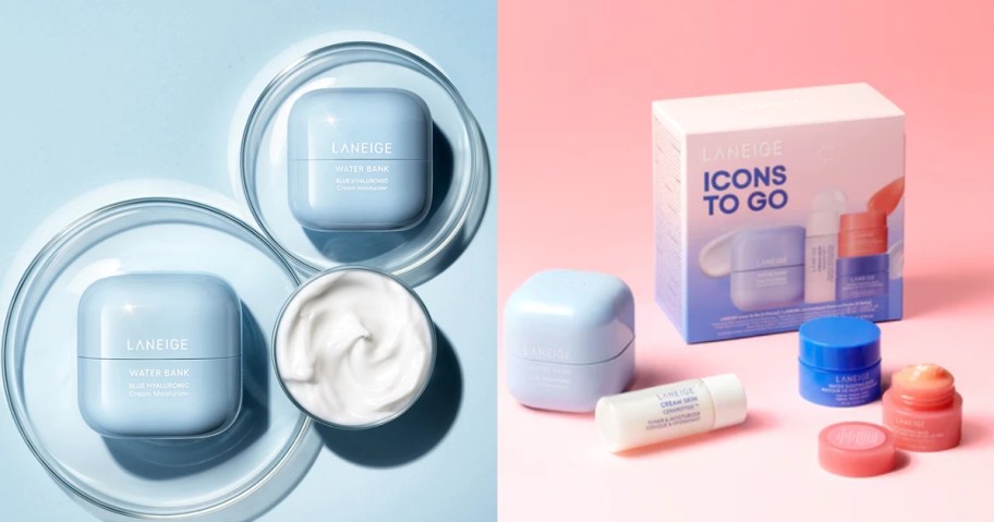 2 Laneige skincare items in blue containers laying on top of the cream and gel, and a set Laneige Icons travel size skincare items