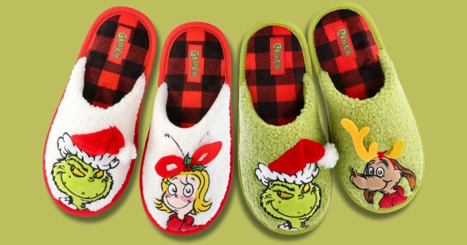 2 pairs of Grinch slippers, one pair is white with the Grinch and Cindy Lou Who, and the other pair is green with the Grinch and Max