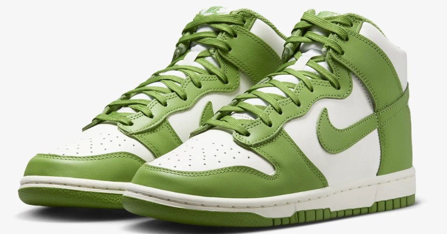 a pair of women's Nike Dunk high top shoes in white and moss green