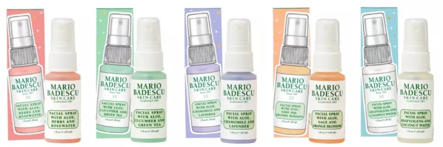 5 small spray bottles with the boxes they onlinee in - all are Mario Badescu brand face skincare sprays