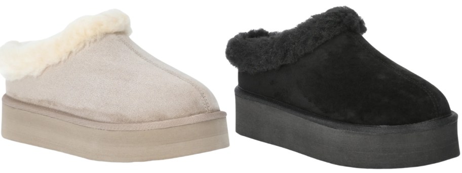 women's platform slippers, one is grey, one is black