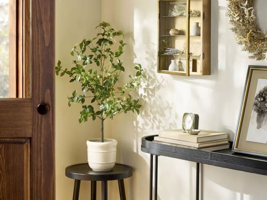 Hearth & Hand w/ Magnolia 33" Faux Potted Gypsophila Leaf Tree in hallway on stand