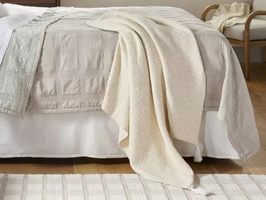 Hearth & Hand w/ Magnolia Textured Knit Throw Blanket on bed