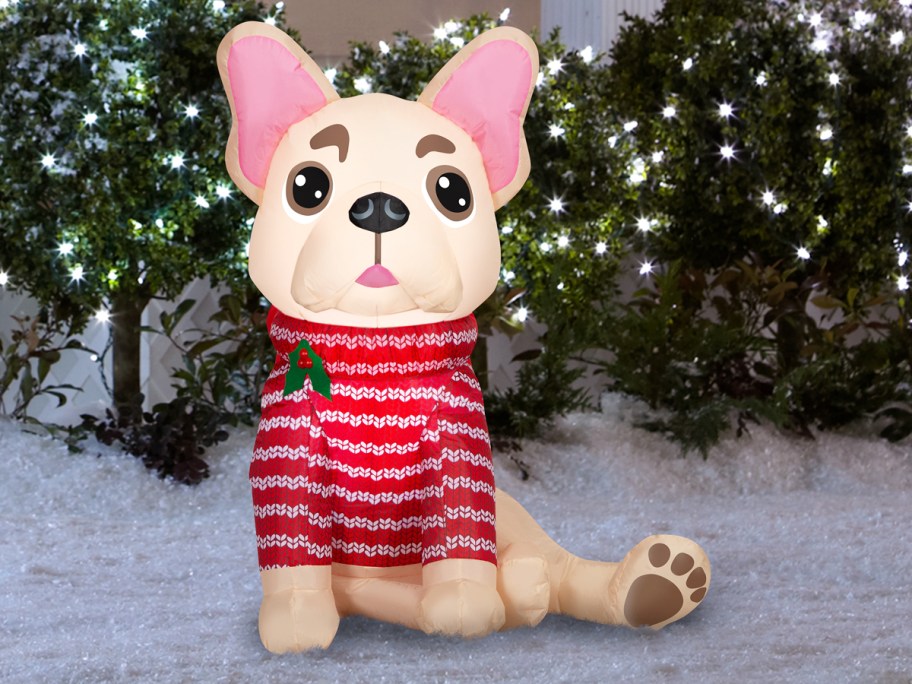 inflatable of frenchie in red and white christmas sweater