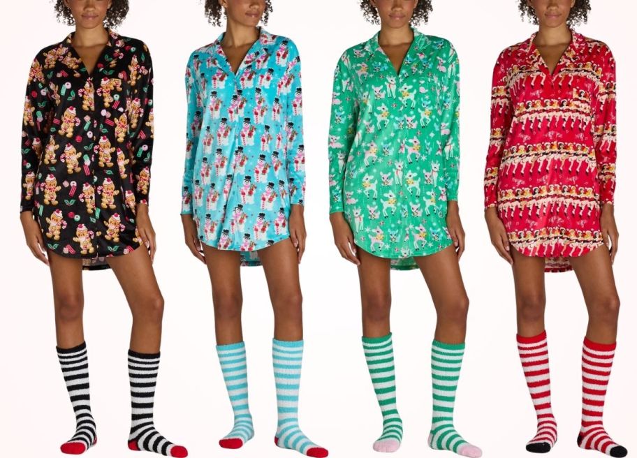 4 women in 2-piece minky pajama top and sock sets stock image